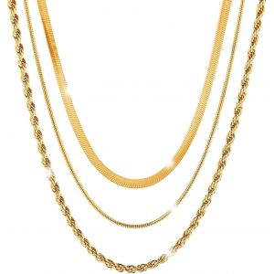 Kal-Ensemble De Collier En Acier Inoxydable Femmes Hommes Cha&icirc;ne De Serpent &Agrave; Chevrons Cha&icirc;nes Choker Cuban Pour Hommes Femmes Or/Argent - Neuf