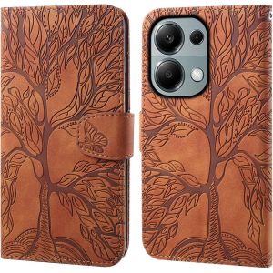 KAL-Coque Pour Redmi Note 13 Pro 4G, Arbre De Vie Papillon Motif Housse En Cuir Synth&eacute;tique Cover &Agrave; Rabat, Portefeuille &Eacute;tui De Protection Avec Fentes Pour Cartes, Brun - Neuf