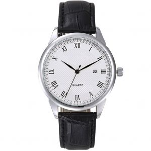 Montre-Bracelet Analogique Ronde A Quartz Pour Homme, Bracelet En Cuir, Date, Pour Le Travail (Cadran Blanc, Boitier Argente) - Neuf