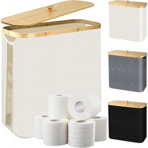28L Boite Rangement Papier Toilette avec Couvercle en Bambou, Range Papier Toilette Pliable Organisateur de Salle de Bain &Eacute;tanche pour 9 &agrave; 12 Rouleaux, Bambou Panier Papier WC Accessoires WC (Beige) - Neuf