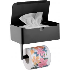 Porte-papier toilette noir avec rangement pour lingettes, fixation murale (per&ccedil;age/adh&eacute;sif), porte-papier toilette et lingettes pour salle de bain - Rangez vos lingettes en toute discr&eacute;tion - Acier inoxydable SUS304 (Grand mod&egrave;le) - Neuf