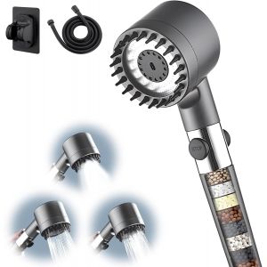 KAL-Pommeau De Douche Avec 1,5 M Tuyau Et Support Fixe, Douche Anti-Calcaire, 3 Modes Et Bouton D'Arrêt D'Eau, Haute Pression, Douche Pressurisée, Spa, Économie D'Eau - Neuf