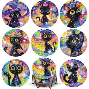 Oayew-8 Pièces Chat Diamond Painting Dessous De Verre, Coloré Chat Peinture Diamant Dessous De Verre Avec Support, Diamond Painting Bricolage Pour Boissons Bar Tasses Et Cuisine À La Maiso - Neuf
