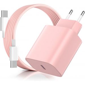 JGD-Chargeur pour iPhone Rapide, 20W PD3.0 Chargeur pour iPhone avec 2M C&acirc;ble USB C, USB C Prise Charger Rapide pour Phone 16 Pro/16 Pro Max/16 Plus/15/15 Pro/15 Pro Max/15 Plus/Pad - Rose - Neuf