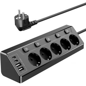 Prise Plan de Travail Cuisine, Multiprises avec 2 Ports USB A et 2 Ports USB C, Multiprise 5 Prises avec Interrupteur, Rallonge &Eacute;lectrique 2m pour Meuble, Canap&eacute;, Bureau, Table - Neuf