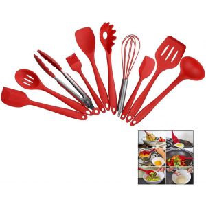 Kal-Set De 10 Ustensiles De Cuisine En Silicone - Pinces, Fouet, Brosse, Spatule, Cuillère, Noodle Spoon, Slotted Spatula, Riz Paddle, Cuiller À Soupe, Résistant À La Chaleur Utensil De Cuisson - Neuf