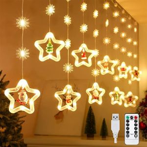 JGD-Rideau Lumineux No&euml;l, 120LED 3M Guirlande Lumineuse + 2,7M USB C&acirc;ble, IP65 Pendentifs Rideau Lumi&egrave;res D&eacute;coration pour No&euml;l Fen&ecirc;tre Soir&eacute;e Balcon Terrasse Fen&ecirc;tre Patio Jardin - Neuf