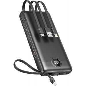 Batterie Externe 20000mah, Power Bank Avec Câbles Intégrés Portable Chargeur Avec 5 Sorties & 2 Entrées, 4 En 1 Poratble Powerbank Pour Iphone/Samsung/Tablettes, Essentiels Voyage, Noir - Neuf