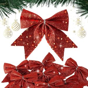 Kal-24pcs Noeud De Ruban De No&euml;l Rouge 10x9cm Arcs De No&euml;l Ruban Paillet&eacute; Noeuds Papillons D&eacute;coration De No&euml;l Pour Sapin Arbre De No&euml;l Emballage Cadeau Guirlande Voiture Mariage - Neuf