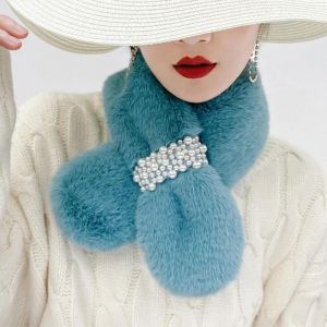 Écharpe Enveloppante À Col Moelleux Avec Décor D'imitation De Perles Foulard En Peluche Épaisse Pour Dames Bleu D'hiver - Neuf