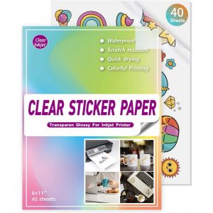 Vinyle transparent imprimable pour imprimante &agrave; jet d'encre [85 % transparent] 40 feuilles de papier autocollant transparent et hydrofuge pour Cricut, autocollants de bricolage, &eacute;tiquettes - Neuf