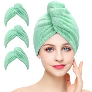 (Vert) Lot de 3 serviettes de séchage, turban en microfibre super absorbant avec bouton, séchage rapide pour femmes - Neuf