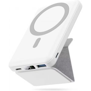 Hui-Batterie Externe Magnétique,Compatible Avec Magsafe,10000mah Sans Fil Power Bank Charge Rapide Pd 22.5w Avec Support Pliable,Affichage Led,Pour Iphone 16/15/14/13/12/Pro/Promax(Blanc) - Neuf