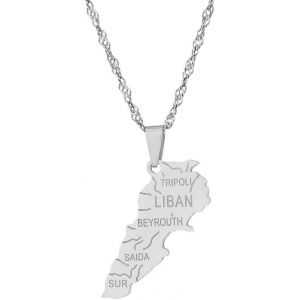 Kal-Collier Avec Pendentif Carte Du Liban Et Drapeau Du Liban Pour Homme Et Femme - En Acier Inoxydable - Neuf