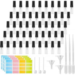 50 Pièces Echantillon Parfum Vide,3mL Flacon Parfum Vide,Mini Vaporisateur avec 3 Pipettes,3 Entonnoirs,3 Presseurs et 4 Feuille D'étiquettes pour Voyager et Camper (Noir) - Neuf