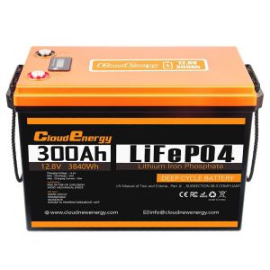 Batterie de secours Cloudenergy 12 V 300 Ah LiFePO4, capacit&eacute; de 3 840 Wh, plus de 6 000 cycles, avec BMS int&eacute;gr&eacute; de 200 A. - Neuf