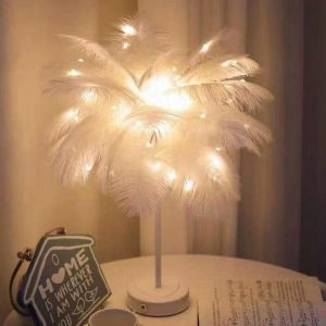 Lampe de table en plumes d'autruche, veilleuse décorative, lumière chaude pour chambre à coucher, salle de mariage (autruche blanche) - Neuf