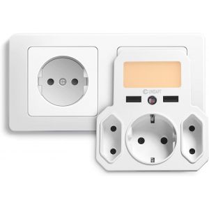 Prise USB avec Veilleuse &agrave; Gradation & Capteur de Luminosit&eacute; - Multiprise 6 en 1 avec 2 USB, 3 Prises (2 Prises europ&eacute;ennes et 1 Schuko), Compatible pour iPhone, Smartphone, Ordinateur - Neuf