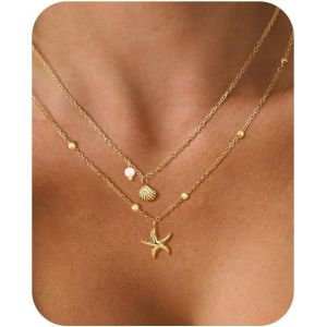 Kal-Collier Femme Multi-Rang Plaqué Or 14k ¿ Collier Perle Avec Pendentif Étoile De Mer & Coquillage, Chaîne Acier Inoxydable Ajustable, Collier Été Bohème Chic, Bijoux De Vacances À La Plage En Été - Neuf