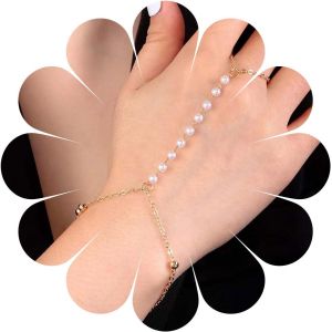 Kal-Boho Perle Bracelet Anneau Doigt Or Perle Bracelet Cha&icirc;ne Esclave Mariage Bracelet Anneau Perle Bracelet Main Vintage Perle Bracelet Cha&icirc;ne Bijoux Pour Femmes Et Filles - Neuf