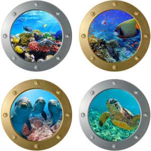 ERYI-Tatouage Mural 3D Monde Sous-Marin, 4 Pièces 3D Stickers Muraux Vie Marine Dauphin Fenêtre Autocollants Carrelage Monde Maritime Tatouage Hublot Décoration Pour Chambre Salon Salle De Bains - Neuf