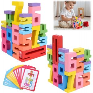 KALWL-Number Blocks,Wooden Number Building Blocks Avec 20 Blocs Num&eacute;riques Et 15 Cartes D'Apprentissage,Empiler,Color&eacute;,3D Puzzle,Jeux De Construction Num&eacute;riques Pour Enfants &Agrave; Partir De 3 Ans - Neuf