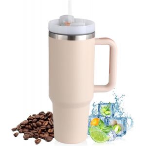 Gobelet Isotherme De 1180 Ml Avec Paille Et Anse - Double Paroi En Acier Inoxydable - Pour Boissons Chaudes Et Froides - Pour La Maison, Les Voyages - Bleu Marine - Neuf