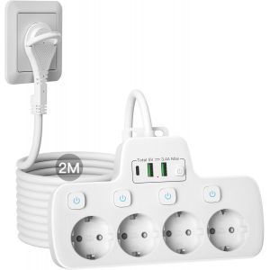 Ytfhg-Multiprise 4 Prises Avec Fiche Plate, Bloc 4 Prises,Multiprise Murale Avec Interrupteur Individuel Prise Multiple Usb C,Sécurité Enfant Prise Plate Derriere Meuble Rallonge Électrique 2 M, Blan - Neuf