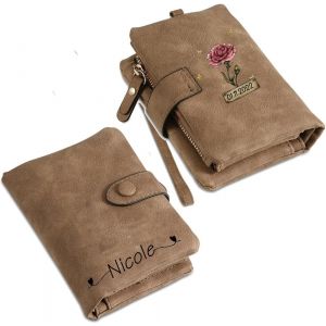 Portefeuille Personnalisé Cuir Femme Portefeuille Fleur D'Anniversaire Avec Nom Cadeau Pour Femmes Fête Des Mères Noël Anniversaire (Marron) - Neuf