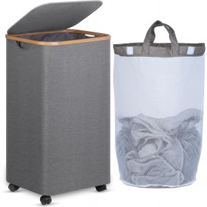 KAL-Panier À Linge Sur Roues 100L, Grands Panier À Linge Avec Couvercle, Panier À Linge Pliable Avec Poignées En Bambou Et Sac Amovible Pour La Chambre, La Salle De Bain, La Buanderie - Neuf