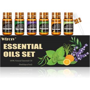 Coffret Huiles Essentielles - 6 Parfums X 5ml - Huiles Pures Naturelles Pour Diffuseur - Aromath&eacute;rapie, Massage - Menthe Poivr&eacute;e, Arbre &Agrave; Th&eacute;, Lavande, Eucalyptus, Citronnelle, Orange Douce - Neuf