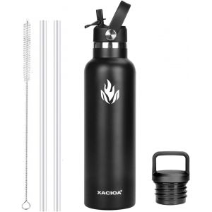 Gjfty-Bouteille D'eau En Acier Inoxydable Avec Paille U2013pour Boissons Chaudes/Froides 500/750/1000/Ml U2013bouteille D'eau Isotherme Sous Vide -Avec 2 Couvercles De Rechange Et Une Brosse À Pail - Neuf