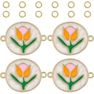 1 Boîte De 6 Breloques Connecteurs Tulipe En Laiton Plaqué Or 18 Carats Avec Émail, Connecteurs De Boucles D'oreilles À 2 Trous, Maillons En Forme De Fleur Rose, Double Boucle, Avec 12 Anneaux De Jo - Neuf