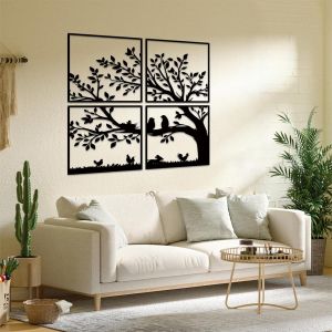 Lot de 4 décorations murales en métal à suspendre en forme d'oiseaux et de branches, arbre de vie, feuilles noires avec silhouette d'oiseaux pour intérieur, maison, chambre, salon, bureau, - Neuf