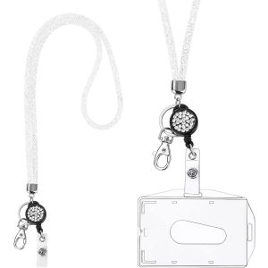 Eryi-Lanière Collier En Cristal,Porte-Clés Bling Porte-Badges Transparent Avec Lanière En Cristal Rétractable Pour Cartes D'identité,Pour Carte De Visite, Carte Bus (Blanc Pur) - Neuf