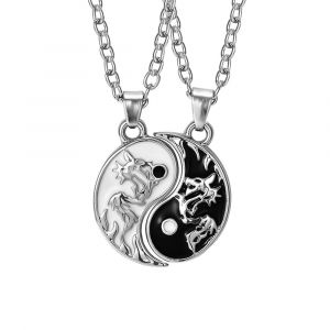Lot De 2 Colliers Yin Yang Taichi Bff (A2703-1), Chaîne D'amitié, Pendentif Yin Yang, Chaîne Pendentif Dragon Sculpté, Pour Meilleurs Amis, Amoureux Et Couples, Cadeaux, Métal - Neuf