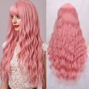Longue Bouclé Rose Couleur Perruque Pour Femme, Naturelle Synthétique Rose Rouge Perruques Cheveux Avec Frange Pour Cosplay Party Ou Quotidien 25 Pouces - Neuf