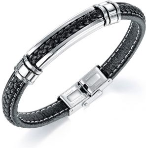 Eryi-Infini Bracelet Cuir Noir Acier Inoxydable Fermoir 21.5cm B310 - Neuf