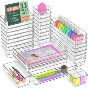Mevronisshop-Lot De 31 Organisateurs De Tiroir, Rangement Tiroir En Plastique Transparent, Bacs De Rangement Avec 4 Tailles Pour Salle De Bain, Coiffeuse, Cuisine, Bureau, Papeterie, Per Cosm&eacute;tiques, - Neuf
