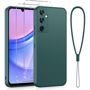 SJZG-Protection Compl&egrave;te Silicone Coque Pour Samsung Galaxy A15 4G/5G 6,5"" Avec 2 Pi&egrave;ces Verre Tremp&eacute;, Housse Fine Antirayures Anti Jaunissement &Eacute;tui Pour Samsung A15 Con Cordon, Vert - Neuf