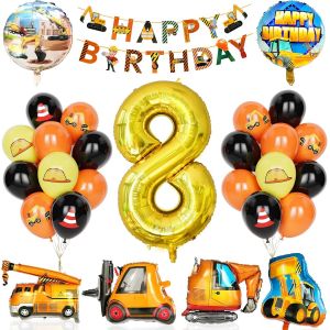 8 Year Birthday Decoration, Construction Party Supplies With Banner, Number 8 Balloon With Truck Cement Crane Forklift Balloons Excavator For Boys Children Party Construction - Neuf