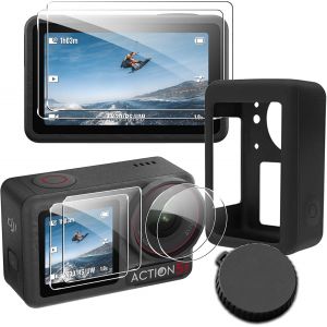 CAUC-Convient aux Accessoires DJI Osmo Action 5 Pro 2024 Accessoires Coque de Protection en Silicone + 6 Pi&egrave;ces Verre Tremp&eacute;, Anti-poussi&egrave;re et Anti-Chute - Noir - Neuf