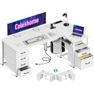 SUBZONAL-Bureau d'angle avec Tiroirs en Tissu, 140x80cm R&eacute;versible Bureau en L avec Tiroir Classeur, Bureaux Ordinateur avec Port de Chargement USB et Prise de Courant, Bureaux &agrave; Domicile, Blanc - Neuf