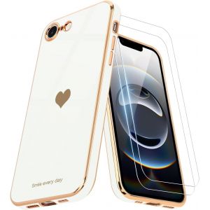 Eryi-Coque Compatible Avec Iphone 16e + 2 Films De Protection D'écran, Coque Pour Fille, Coque De Protection D'appareil Photo Galvanisée Pour Iphone 16e, Blanc - Neuf