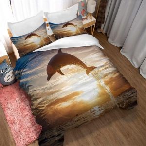 Parure De Lit King Size - Parure De Lit 3 Pieces En Microfibre Avec Housse De Couette Et 2 Taies D'oreiller Motif Dauphin Sautant Pour Homme Et Femme - Neuf