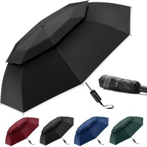 Parapluie de voyage compact coupe-vent ¿ Parapluie de ventilation avec double dôme pour la pluie, parapluie portable inversé ¿ Ouverture et fermeture automatiques avec bandes réfléchissantes - Neuf