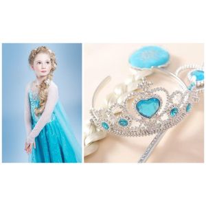 D&eacute;guisement Robe Elsa + Couronne Baguette Cheveux Pour Enfant Costume La Reine Des Neiges Look Princesse - Neuf