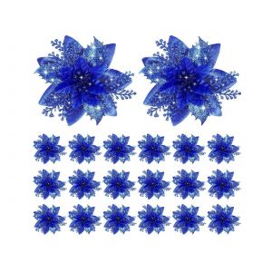 Lot de 20 poinsettias artificiels bleus pour d&eacute;coration de sapin de No&euml;l - Neuf