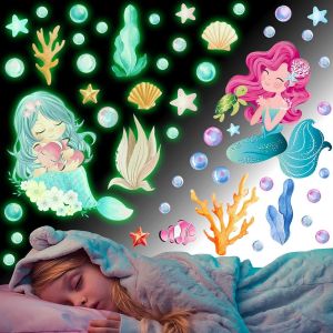 Eryi-Stickers Mural Lumineux Sirène, Fluorescente Autocollant Muraux Enfant, Monde Sous Marin Decoration Lumineuses Wall Stickers, Phosphorescentes Stickers Mural Répositionnable, Pour Fille Chambre - Neuf