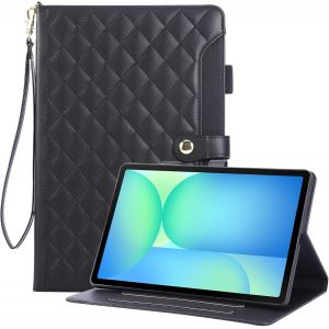 Kal-Coque &Eacute;tui Pour Samsung Galaxy Tab S10 Fe 2025 10.9""/ S9 Fe 10.9""/ S9 11"", &Eacute;tui En Cuir Pu Brod&eacute; &Agrave; Carreaux Avec Dragonne, Support Et Bouton Magn&eacute;tique Pour Galaxy Tab S10 Fe/S9 Fe/S9, Noir - Neuf